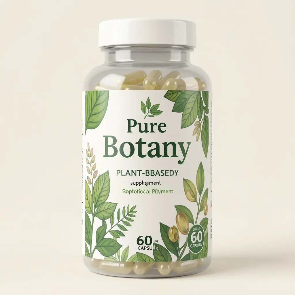 Pure Botany plant-based supplement bottle with botanical leaf design, 60 capsules